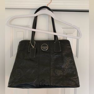 Coach SIS Stitch Patent Framed Shopper - Black With Baby Blue Lining